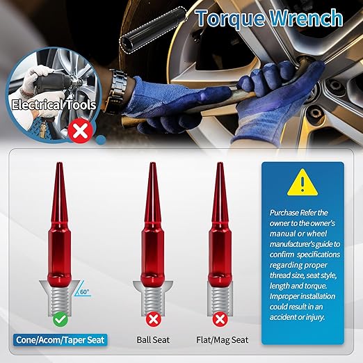 1/2"-20 Red Wheel Spike Lug Nuts, 32 PCS Lug Nut Accessories with 1 Socket Key, Thread Spiked 4.4" Long Closed End Nuts Compatible with Wrangler Cherokee Explorer