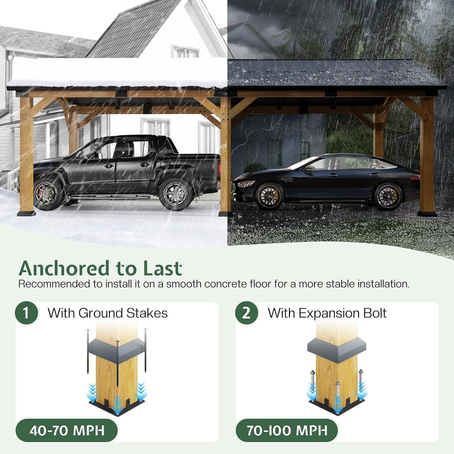 Jocisland 12x24 FT Cedar Wood Hardtop Carport with Steel Roof, Waterproof Outdoor Gazebo Pavilion, Heavy-Duty Snow & Wind Resistant Canopy for Patio, Driveway, Garden