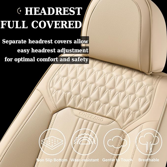 Coverado Seat Covers, Car Seat Covers Full Set, Beige Seat Cover, Front Seats Back Seat Cover, Waterproof Car Seat Cushion, Leather Car Seat Protector Universal Fit Most Cars