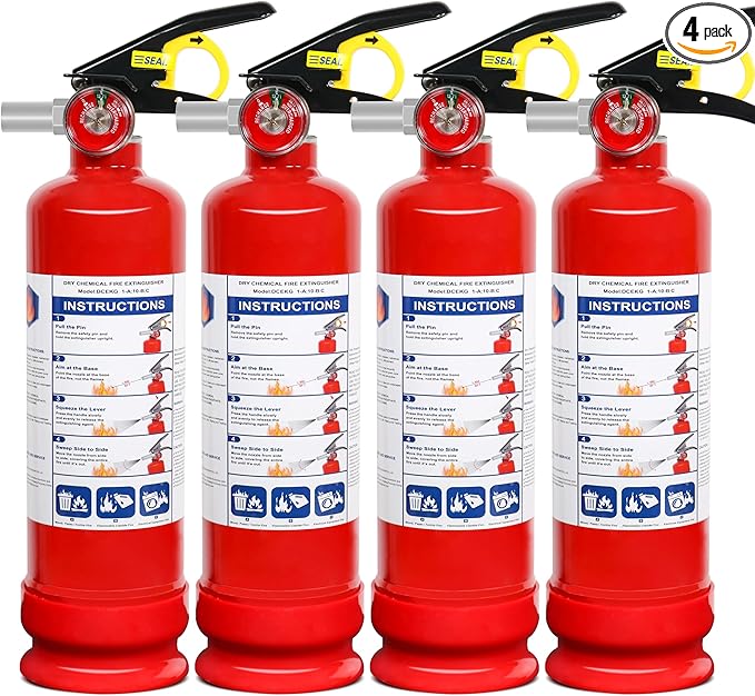 4 Pack ABC Dry Chemical Fire Extinguishers, 2.5 lb 1A:10B:C Rating for Home, Vehicle, Boat, Quick Release Handle, Compact & Portable Dry Powder Extinguisher