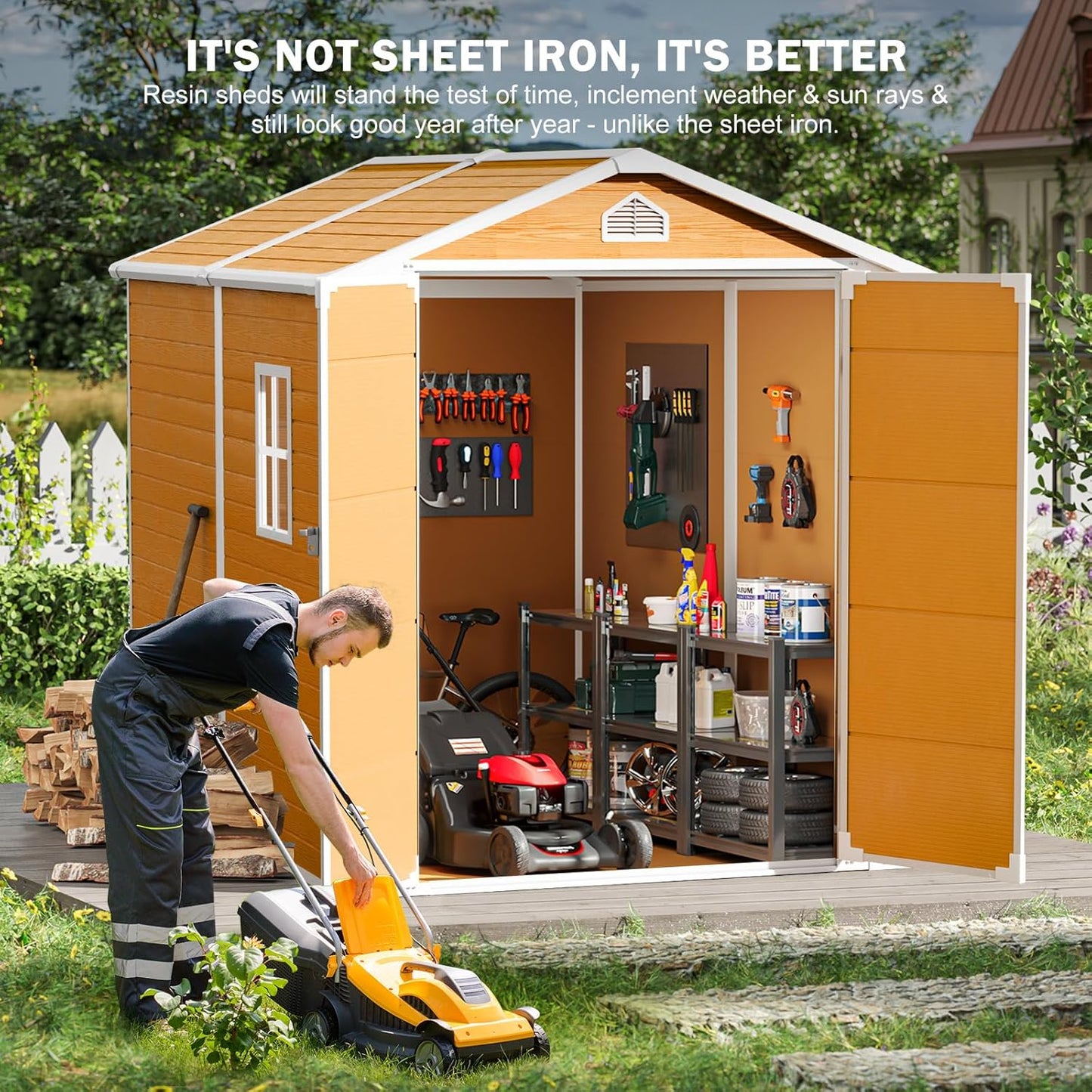 8x6 FT Resin Storage Shed, Waterproof Outdoor Shed w/Floor Included, 2 Windows, Double Lockable Doors & Vents,Outside Plastic Tool Sheds for Garden, Lawn, Backyard, Wood-Grain Brown