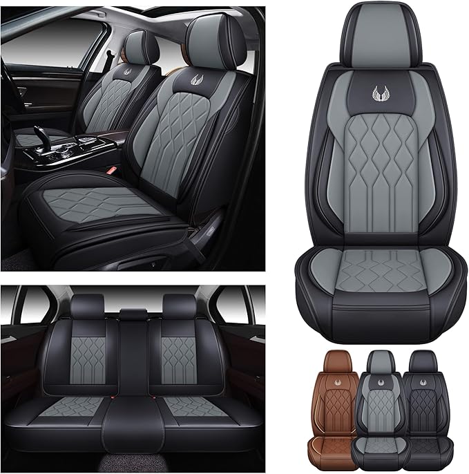 OASIS AUTO Car Seat Covers Full Set Premium Waterproof Faux Leather Cushion Universal Accessories Fit SUV Truck Sedan Automotive Vehicle Auto Interior Protector (OS010-Gray)