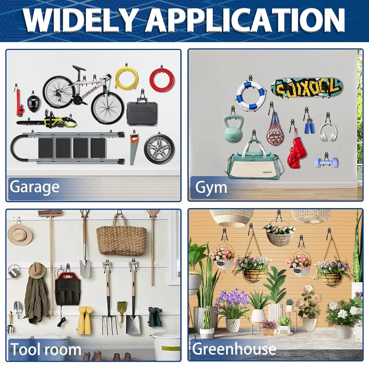 3-H Garage Wall Hooks 14 Pack, Garage Hooks Heavy Duty with Extra Welding Spots, Wall Mount Storage Organizer for Hanging Garden Lawn Tools, Ladder, WeedEater, Chair, Shovel, Blower (Black)