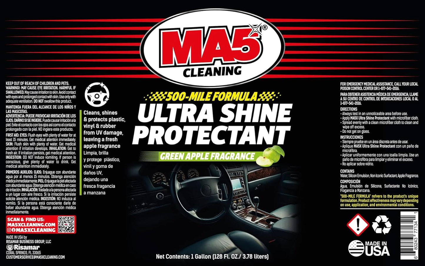 MA5X Ultra Shine Protectant | Car Interior Cleaner | Multi-Surface Car Interior Protectant with Green Apple Scent | UV Resistant | Gallon Refill | Pack of 1