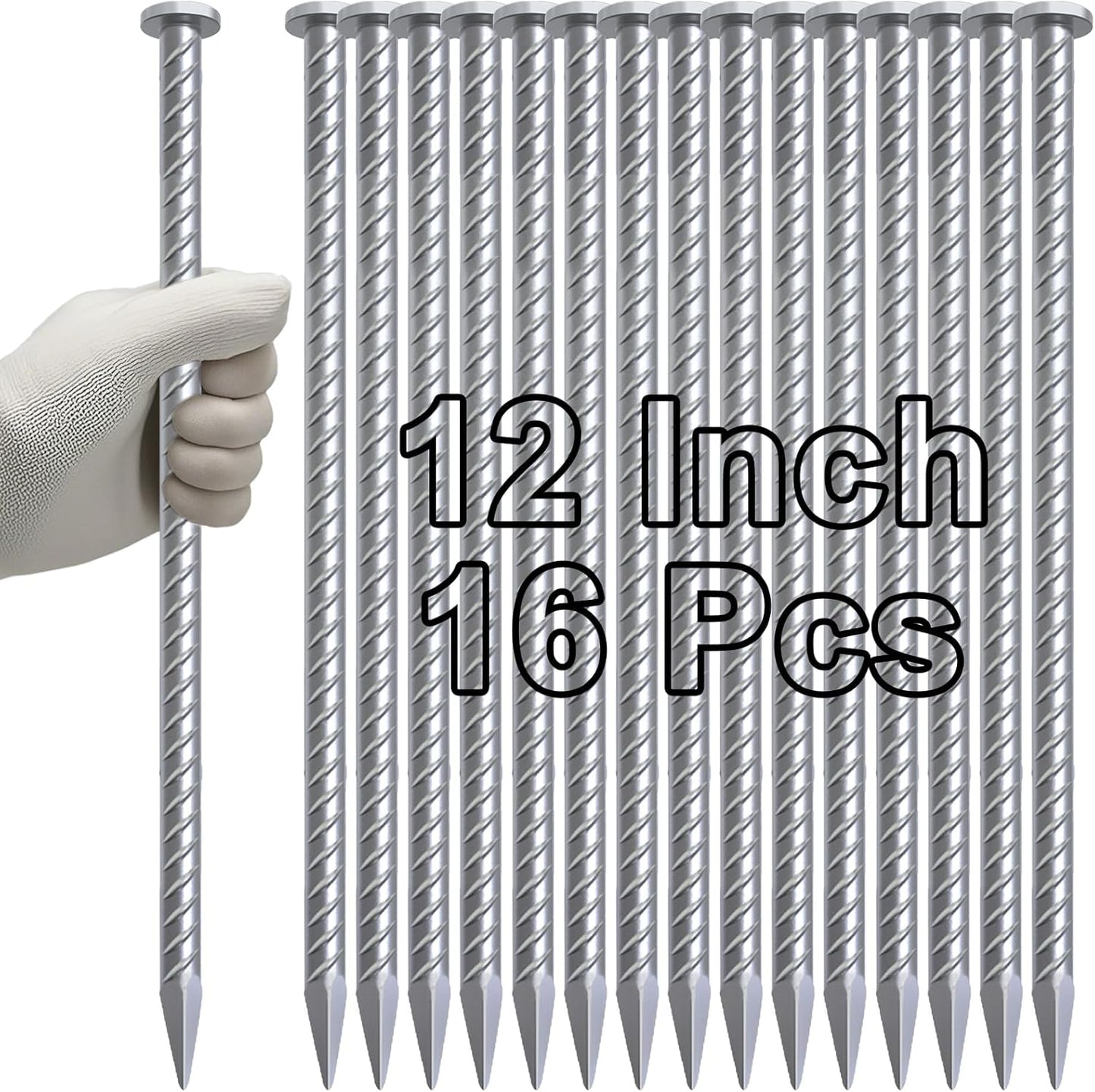 VVOKGO 12 Inch Rebar Stakes Metal Asphalt Anchoring Spikes Ground (16pcs), 1/2 Inch Diameter Galvanized Landscape Anchors Heavy Duty for Speed Bump, Handicap Threshold Ramps, Parking Limits Curb, Tarp
