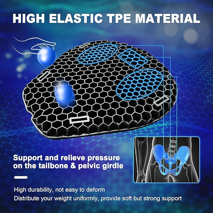 Motorcycle Gel Seat Cushion, 3D Honeycomb Shock-Absorbing, Hollow and Breathable, Hel Material is Compressive, Non-Breaking, Non-Hardening, Soft and Comfortable (Four Seasons)