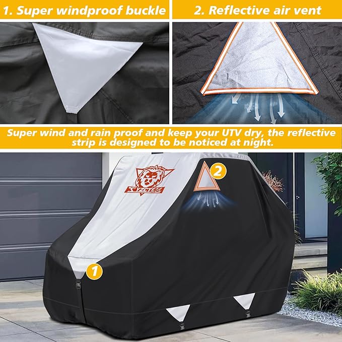 XYZCTEM UTV Cover,Outdoor Waterproof All-Weather Protection UTV Cover Compatible with Polaris RZR Can-Am Yamaha Honda Kawasaki Suzuki,and More.with Upgraded Windproof Straps,Vent(Silver,2-3 Seater)