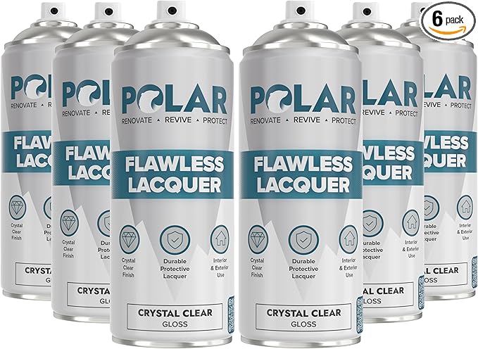 Polar Clear Gloss Flawless Lacquer Spray - 6 x 13.5 Fl Oz - Clear Coat Spray Paint - Non-Yellowing & Scratch Resistant - Interior & Exterior Surfaces for Wood, Metal, Plastics, Glass & Ceramics