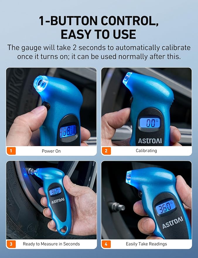 AstroAI Digital Tire Pressure Gauge 0-150PSI, Accurate in 0.1 Increments, Backlit LCD and Presta Valve Adaptor Included, 4 Units of Measurement for Car Truck Bicycle, Blue