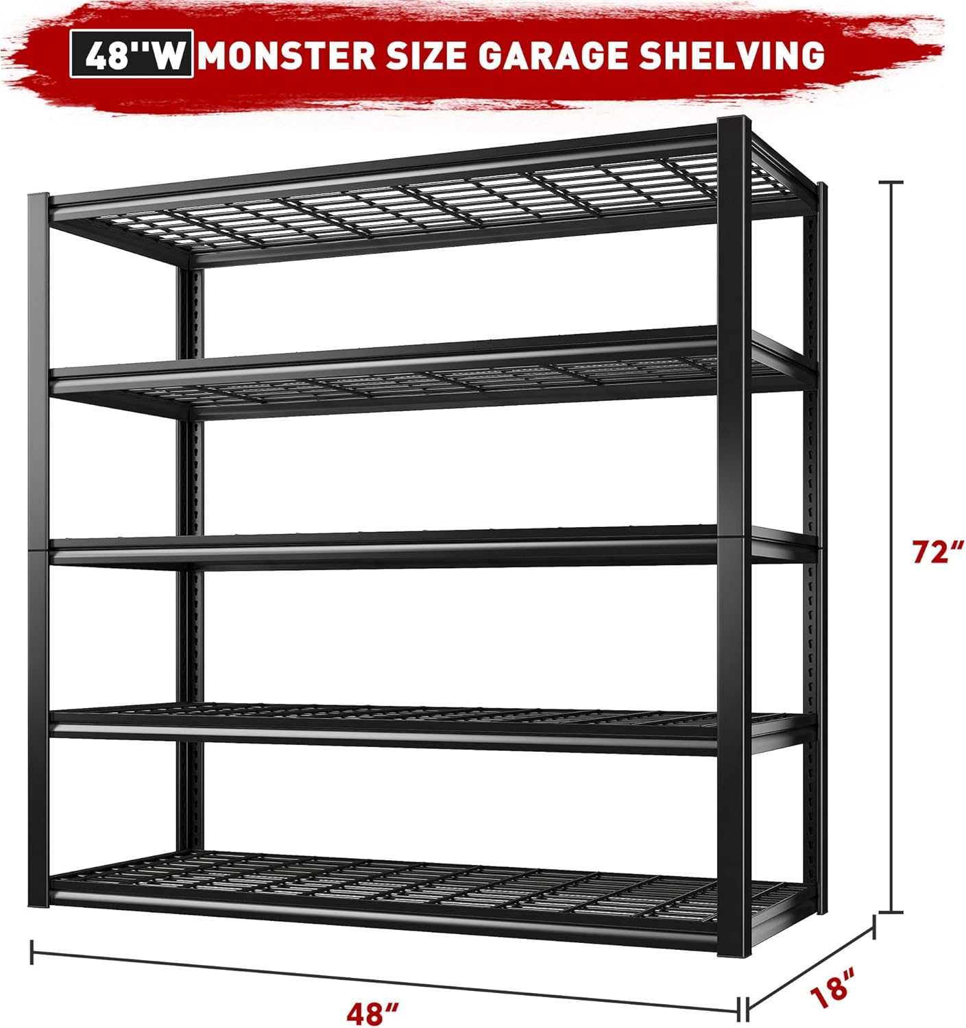 REIBII 48" W Garage Shelving Heavy Duty Load 2500LBS, 5 Tier Storage Shelves, Adjustable Metal Shelves for Warehouse, Pantry, Basement, 48" W X 72" H X18 D, 4PC