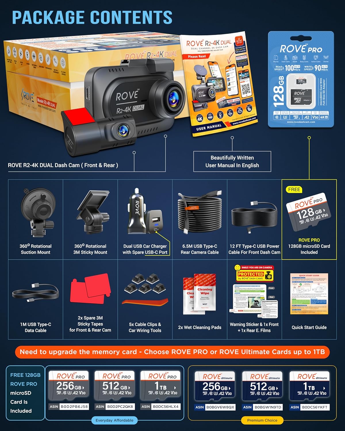 ROVE R2-4K DUAL Dash Cam Front and Rear, STARVIS 2 Sensor, FREE 128GB Card Included, 5G WiFi - up to 20MB/s Fastest Download Speed with App, 4K 2160P/FHD Dash Camera for Cars, 3" IPS, 24H Parking Mode