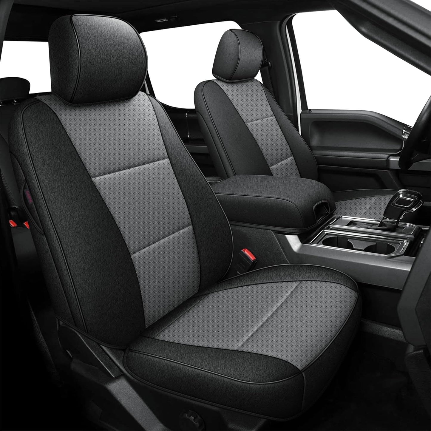 AOMSAZTO Front Seat Covers for Ford F150 XL XLT: 2015-2024 SuperCrew & F250 F350 F450 2017-2024 Super Duty Crew Cab XL XLT Faux Leather Full Set Seat Cover (Black + Grey, 2PCS Front)