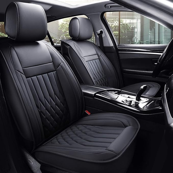 Aierxuan 2pcs Car Seat Covers Front Set with Waterproof Leather, Airbag Compatible Automotive Vehicle Cushion Cover Universal Fit for Most Cars (Black)