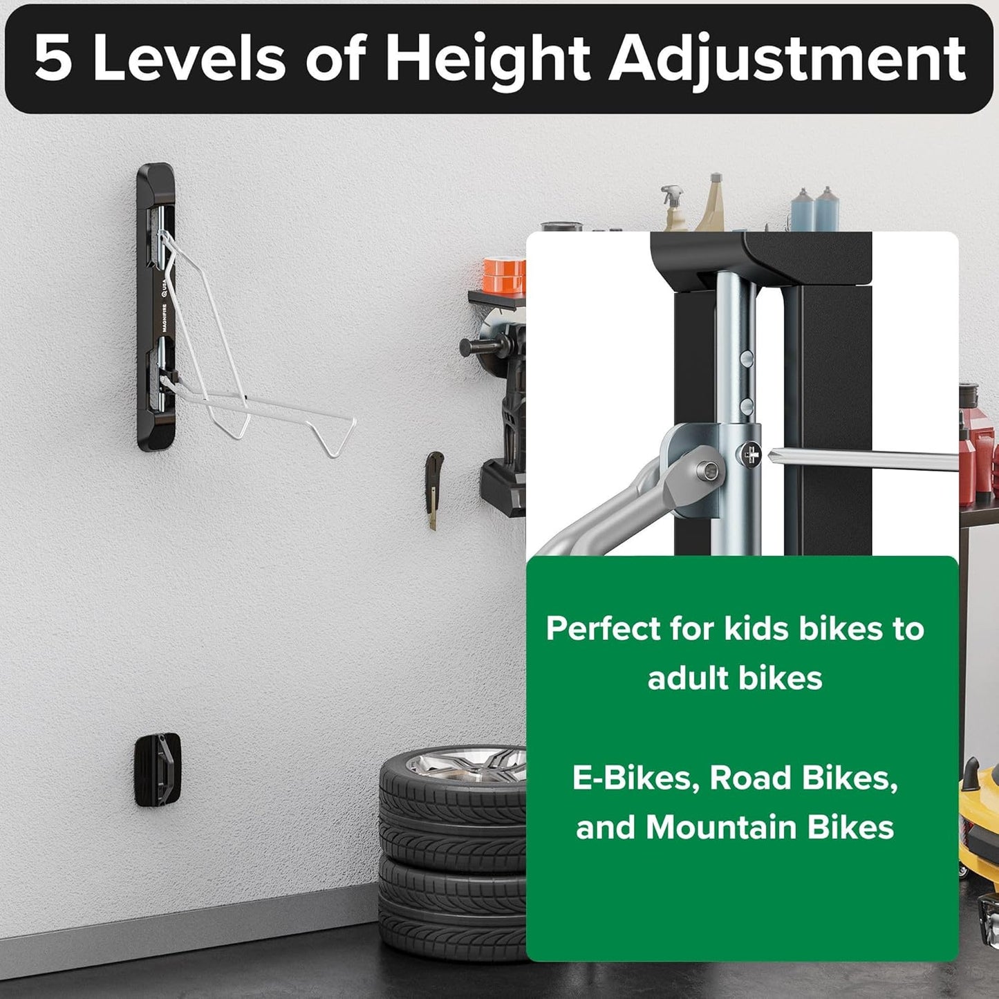 Bicycle Rack for Garage and Indoor Use, Adjustable, Foldable Bike Rack Set of 2 - Wall Mount for Road, Hybrid, Small Mountain, BMX Bikes - Secure and Space Saving Bike Storage (2 Pack)