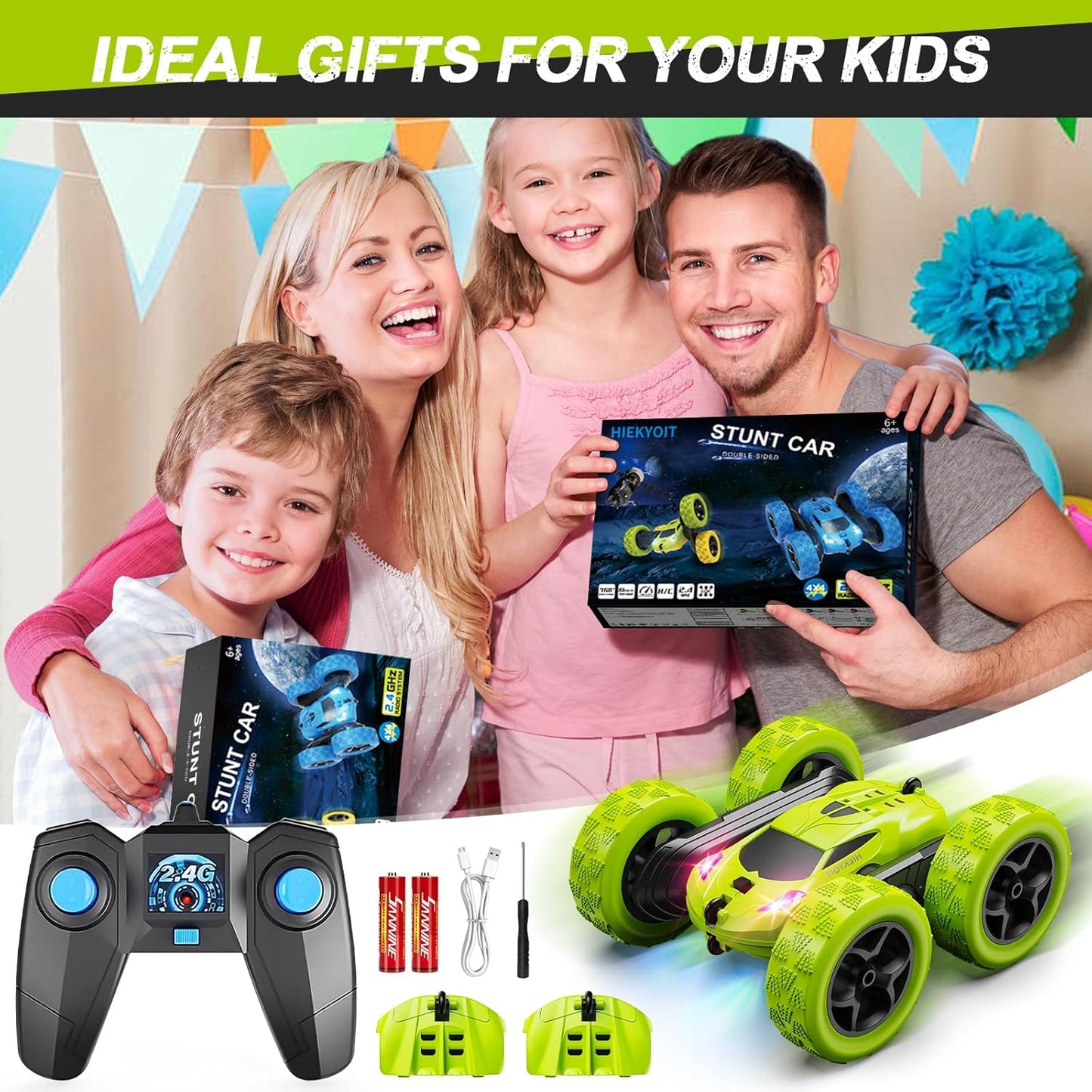 Remote Control Car for Kids Ages 6+, RC Cars Stunt Car Toy 4WD Double Sided 360° Rotating Remote Control with Headlights, Birthday Xmas Gifts for Boys 6 7 8 9 10 11 12 Green