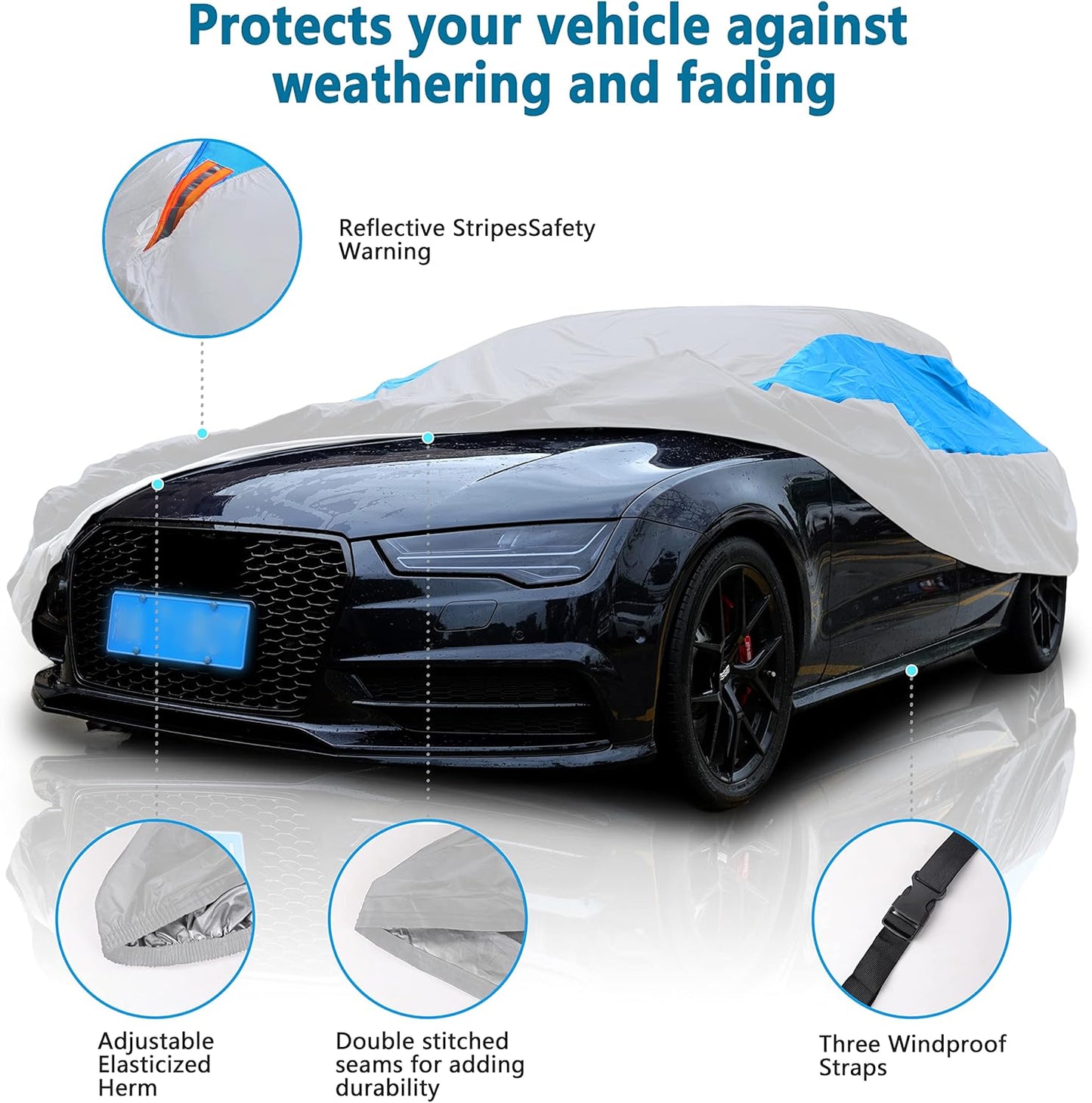 MORNYRAY Waterproof Car Cover All Weather Snowproof UV Protection Windproof Outdoor Full car Cover, Universal Fit for Sedan (Silvery, A6-Fit Sedan Length(207-216 inch)