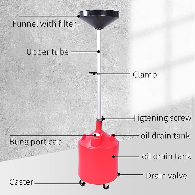 A46A 18 Gallon Industrial Waste Oil Drain Tank,Oil Changing,Portable Waste Oil Change Tank With Wheels and Adjustable funnel height for car, Funnel Drain, Red
