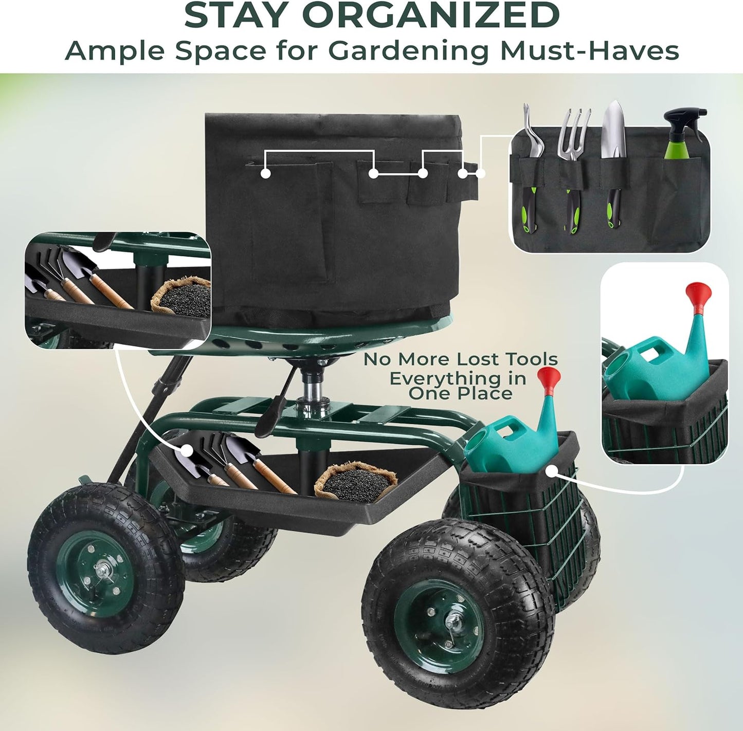 Garden Seat with Wheels – Adjustable 360° Swivel Gardening Stool with Hydraulic Height Adjustment, Ergonomic Backrest, and Tool Storage – Rolling Stool for Garden, Yard, and Outdoor Use