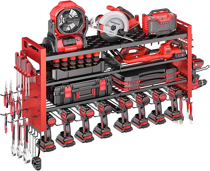 33" W Power Tool Organizer Wall Mount,4-Layer Heavy Duty Tool Storage with 10 Cordless Drill Holder,300 lb Capacity Garage Organization for Garage and Workshop,Red