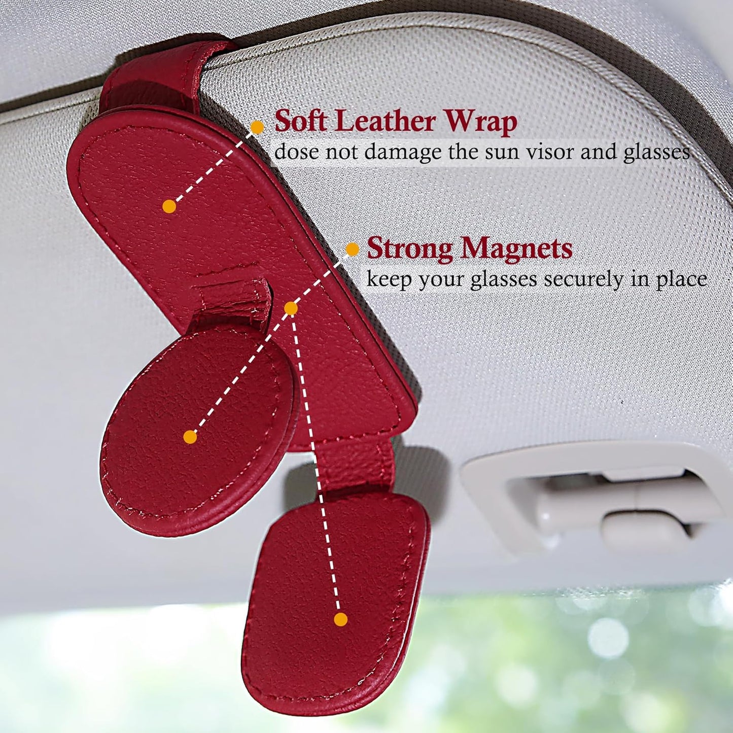 KIWEN Sunglasses Holder for Car Visor, Magnetic Leather Sunglass Eyeglass Hanger Clip for Car Sun Visor Accessories (1, Red)