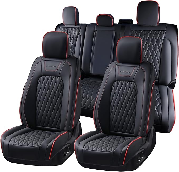 Coverado Leather Seat Covers Full Set for Ford F150F250F350F450(2015-2025)Waterproof Automotive Cushion Covers for Pick-Up Trucks Custom Fit for F150 SuperCrew&F250–F450 Super Duty Crew Cab(Red Line)