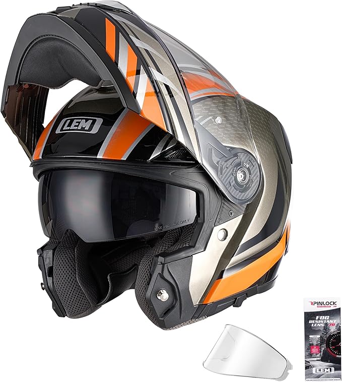 LEM Modular Motorcycle Helmets Fiberglass, Full Face Motorcycle Helmet Flip Up for Touring, DOT Certified, Release Sun Visor & Removable Comfort Liner, Lightweight Street Bike Helmet (Orange, M)