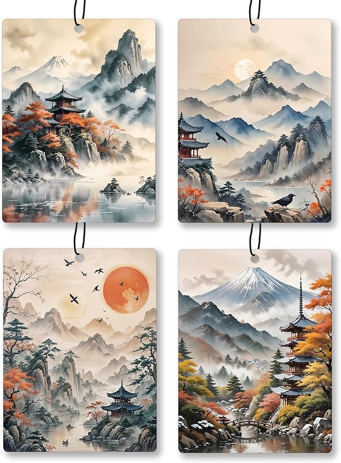 Vintage Boho Japanese Landscape Car Air Freshener 4 Pcs, Mist Mountain Forest Temple Hanging Scents Air Freshener for Women Men Gifts, Retro Scented Car Accessories Decor for Room Closet Drawer