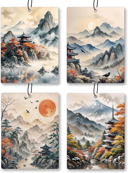 Vintage Boho Japanese Landscape Car Air Freshener 4 Pcs, Mist Mountain Forest Temple Hanging Scents Air Freshener for Women Men Gifts, Retro Scented Car Accessories Decor for Room Closet Drawer