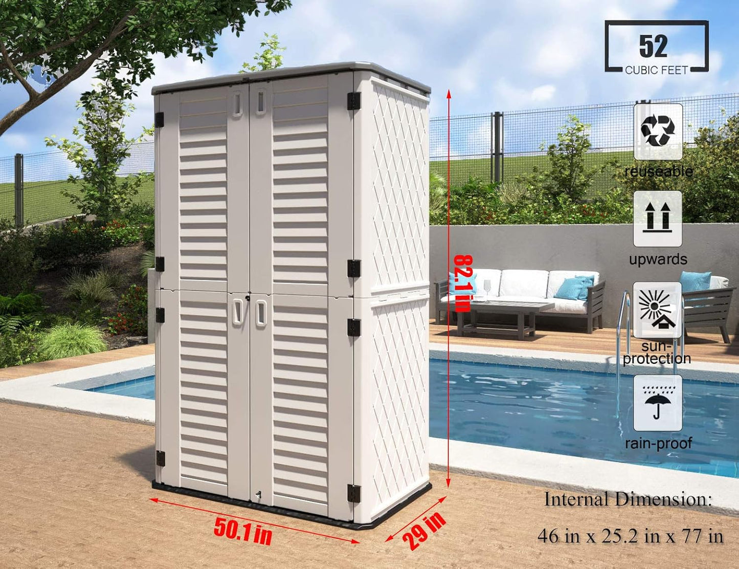 ADDOK Outdoor Storage Cabinet Waterproof,Outdoor Storage Sheds with Floor, Double-Layer Storage Shed for Patios/Generator/Long-Handled Tools (ivory/52 Cu.Ft)
