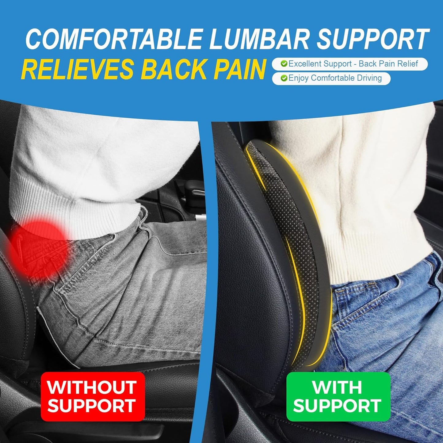 Memory Foam Lumbar Support Pillow Relieves Lower Back Pain for Driving, Chair Support for Car-Office Chair, Wheelchair -Matte Black