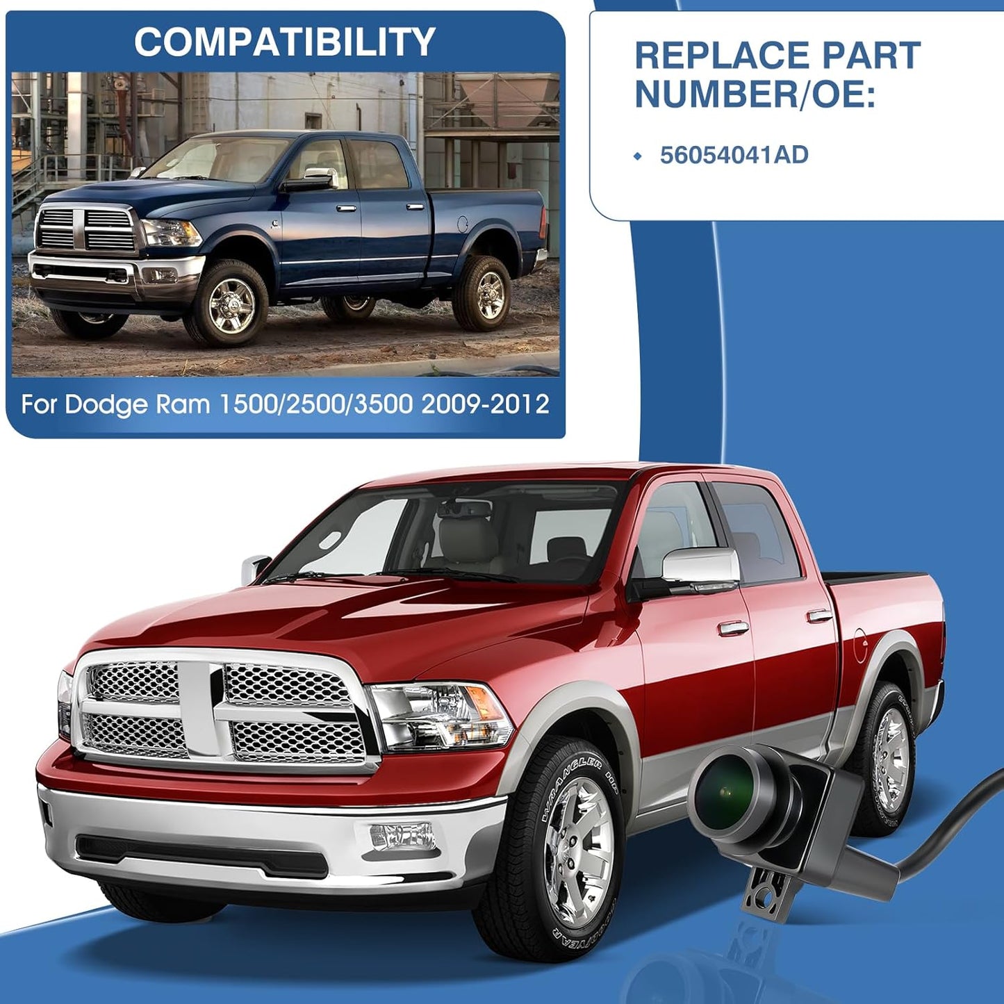Rear View Backup Camera Fit for Dodge Ram 1500 2500 3500 2009-2012, Reversing Parking Assist Camera OE Replacement 56054041AC 56054041AA 56054041AB 56054041AD 56054041AE