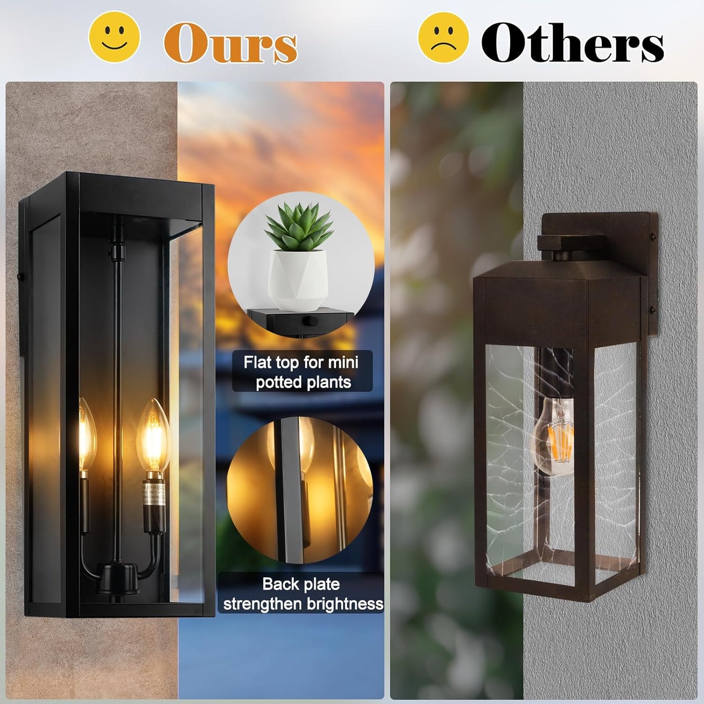 Outdoor Wall Lights 16 Inch Large, 2 Pack Black Modern Exterior Lighting Fixtures Wall Mounted with 2 Candle Light, Waterproof Outside Sconce Coach Garage Lanterns Porch Lamps for House E12