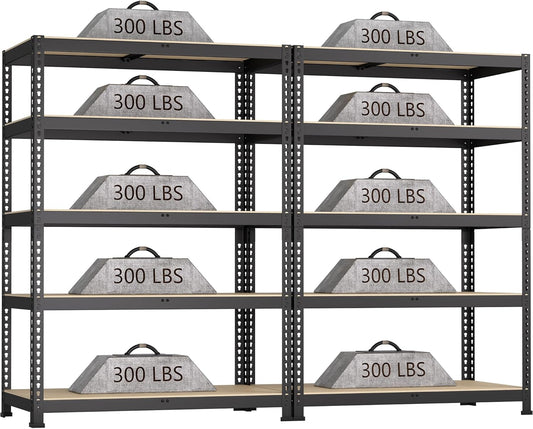 2 Packs 35.5" W x 16" D x 71" H Adjustable Garage Storage Shelves - 5-Shelf Heavy Duty Shelving Unit, Metal Utility Storage Organizer Racks for Warehouse Pantry Closet Kitchen, Black