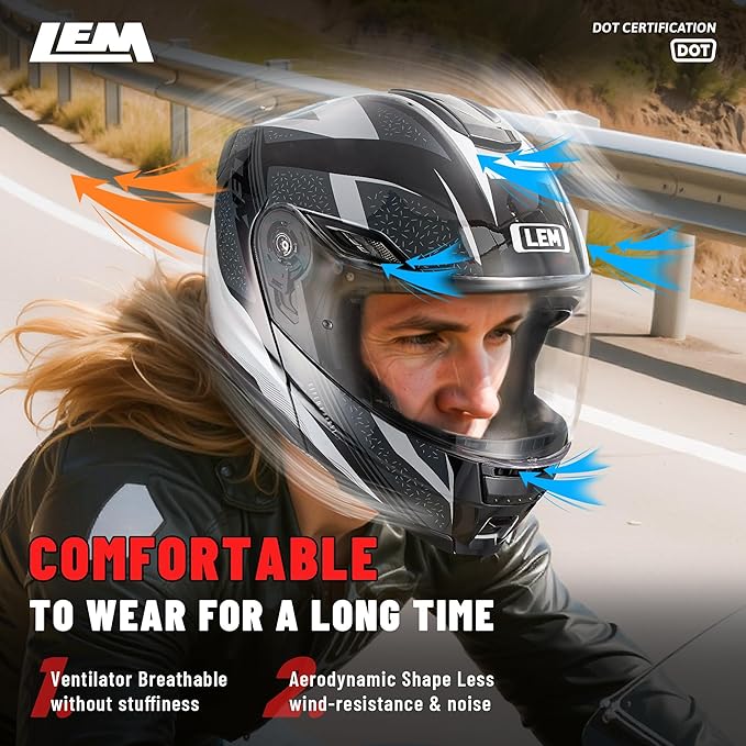 LEM Modular Motorcycle Helmets Fiberglass, Full Face Motorcycle Helmet Flip Up for Touring, DOT Certified, Release Sun Visor & Removable Comfort Liner, Lightweight Street Bike Helmet (Grey/Black,L)