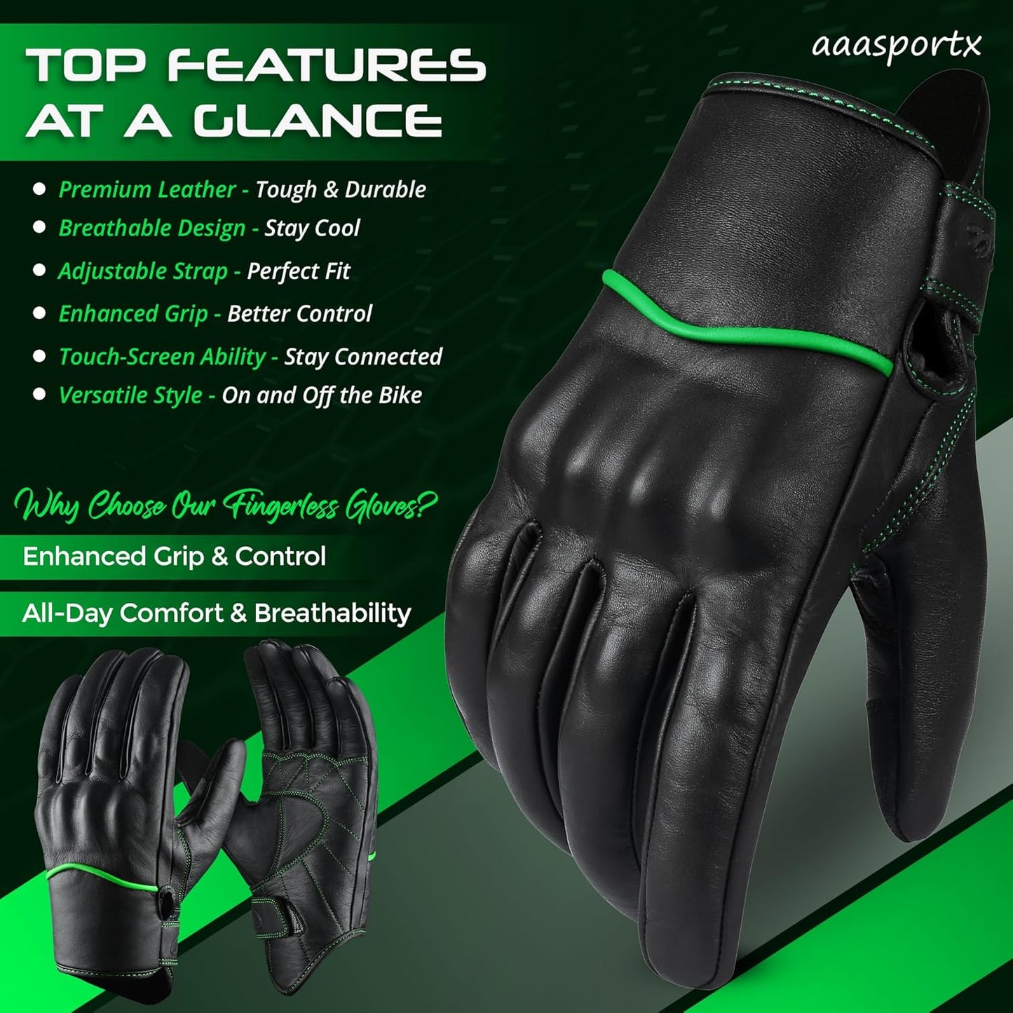 aasportx Motorcycle Gloves - Men's Leather Motorbike Gloves with Touchscreen Function - Non-Slip Pads for Men & Women
