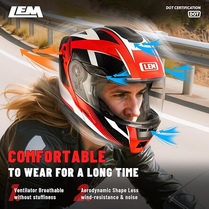 LEM Modular Motorcycle Helmets Fiberglass, Full Face Motorcycle Helmet Flip Up for Touring, DOT Certified, Release Sun Visor & Removable Comfort Liner, Lightweight Street Bike Helmet (Red/White,M)