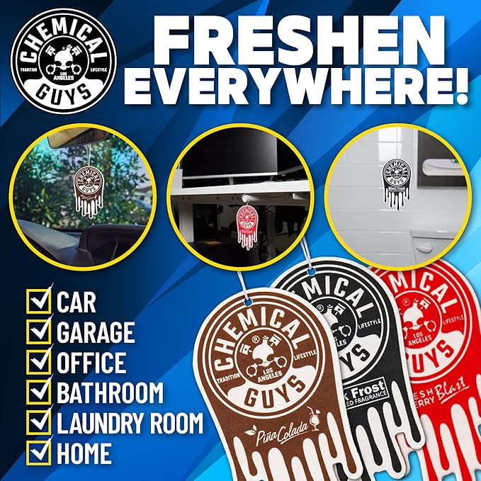 Chemical Guys Hanging Air Freshener, Variety Scent Pack 12 Pack, Great for Cars, Trucks, SUVs, RVs, Home, Garage, Workspace, Dorm Room & More (4 x 3 Packs, Black Frost, Cherry, Pina Colada) - AIR40404