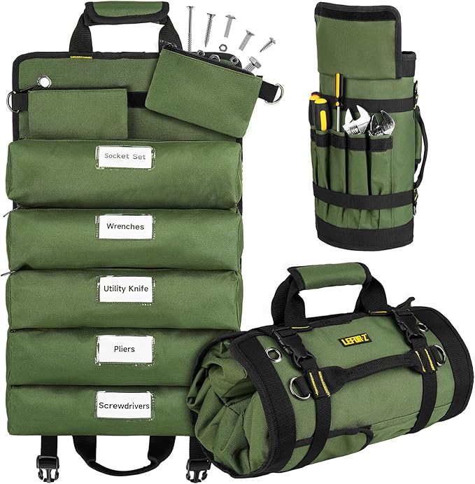 Tool Bag,Large Roll Up Tool Bag Organizer,13 Pockets Tool Roll Storage Pouch,Heavy Duty Portable Tool Storage Carrier Bag for Men,Mechanic,Electrician & Hobbyist,Green