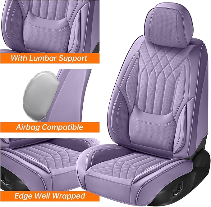 Purple Car Seat Covers Full Set, Luxury Leather Purple Seat Covers for Women, Full Coverage Waterproof Anti-Slip Car Seats Universal Fit for Most 5-Seater Cars SUVs