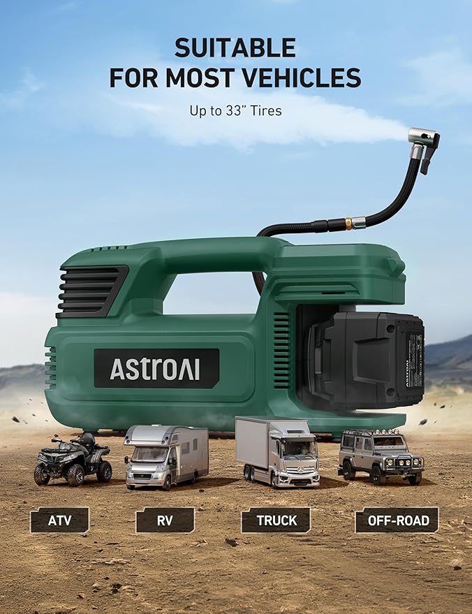 AstroAI TC4 Portable Air Compressor Tire Inflator, 470W 18 V Cordless Air Pump for Truck Tires with 4000mAh Battery, 150PSI Heavy Duty Air Compressor with Digital Display for Car, RVs, SUV Gift Green