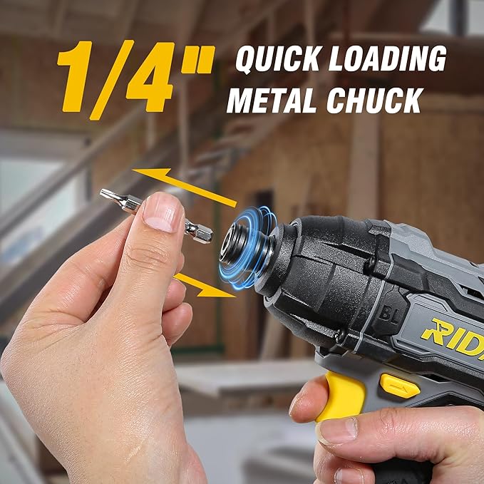 RIDA Cordless Brushless Impact Driver 180N.m, 20V Electric Impact Drill/Driver Set 1/4" All-Metal Hex Chuck,Variable Speed 2.0Ah Battery & Fast Charger, 25 Pcs S2 Bits & Tool Bag for Home DIY Use