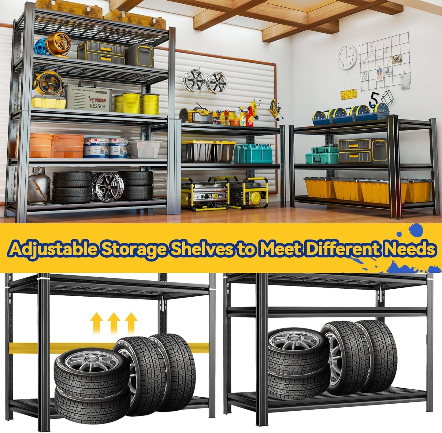 Garage Shelving, Heavy Duty 5-Tier Wire Shelving Unit, 72" H x 48" W x 24" D, 2500 lbs Load Capacity Storage Shelves, Adjustable Metal Shelves for Garage, Kitchen, and Pantry Storage