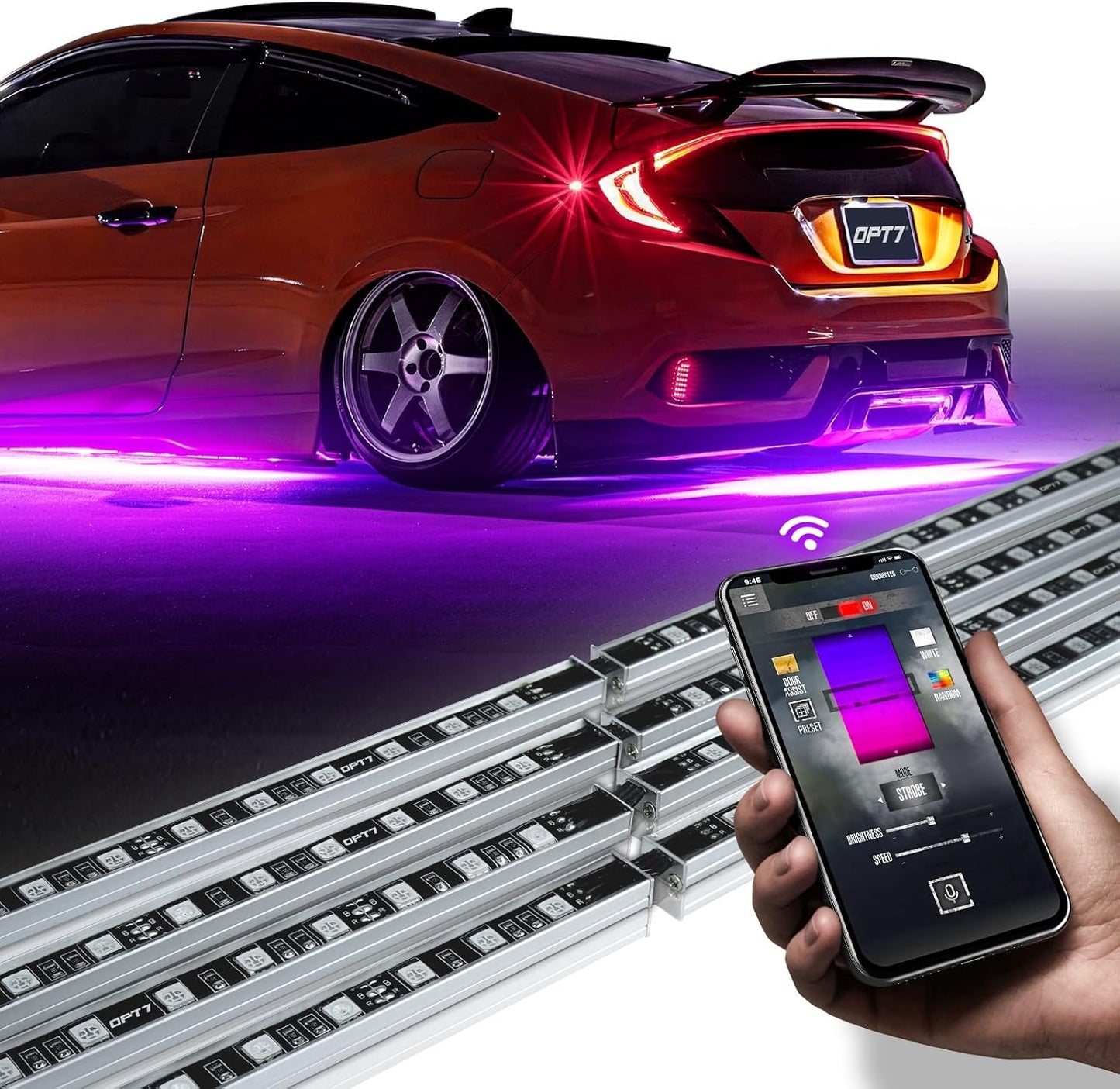 OPT7 Aura Pro Underglow LED Lights Kit for Car with APP & Remote Control, RGB Multicolor Modes, Music Sync, Waterproof Rigid Aluminum Light Bar, Exterior Neon Accent Underbody Lighting Kit