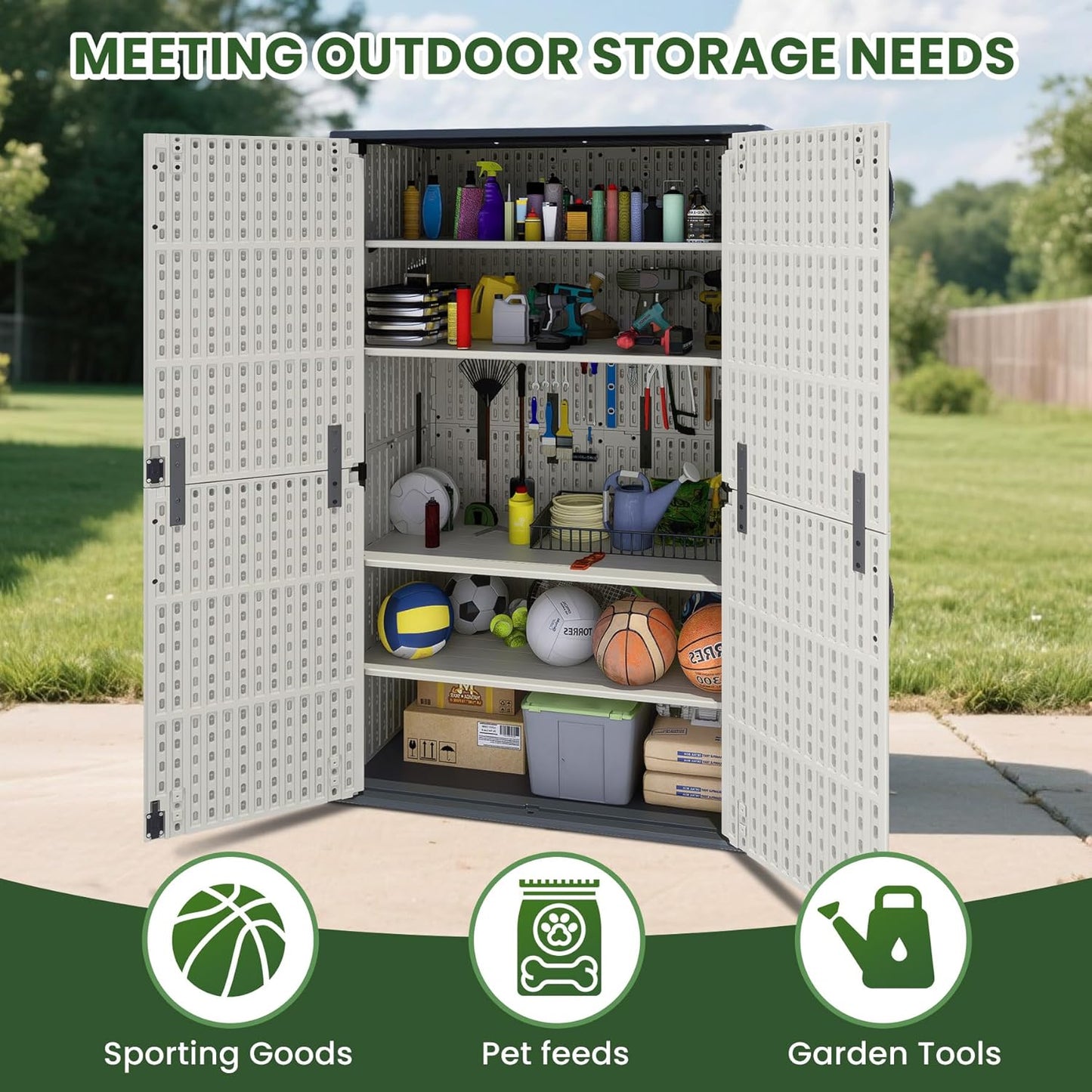 Greesum Outdoor Storage Shed Without Divider, 45 cu.ft Outdoor Waterproof Storage Cabinet for Garden Tools, Pool Storage, Garbage Cans, Beige
