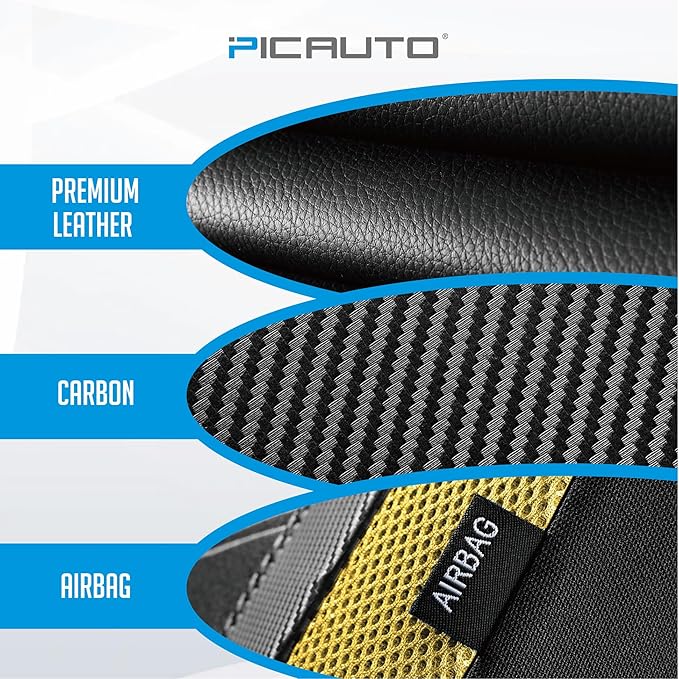 PIC AUTO Leather Car Seat Covers, Sports Carbon Fiber & Mesh Design, High-Back Two Front Set, Waterproof Automotive Seat Covers, Airbag Compatible, Universal Fit for Most Cars (Black & Yellow)