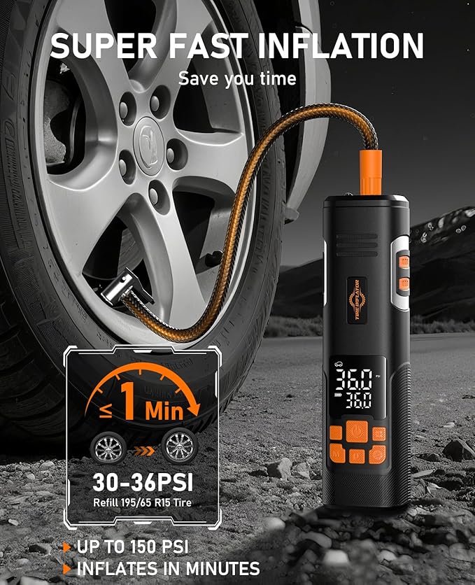 Tire Inflator Portable Air Compressor, 150PSI Air Pump for Car Tires, LED Light & Auto Shutoff, Cordless Electric Bike Tire Pump with Digital Pressure Gauge for Car, Motorcycle, Bicycle, Ball