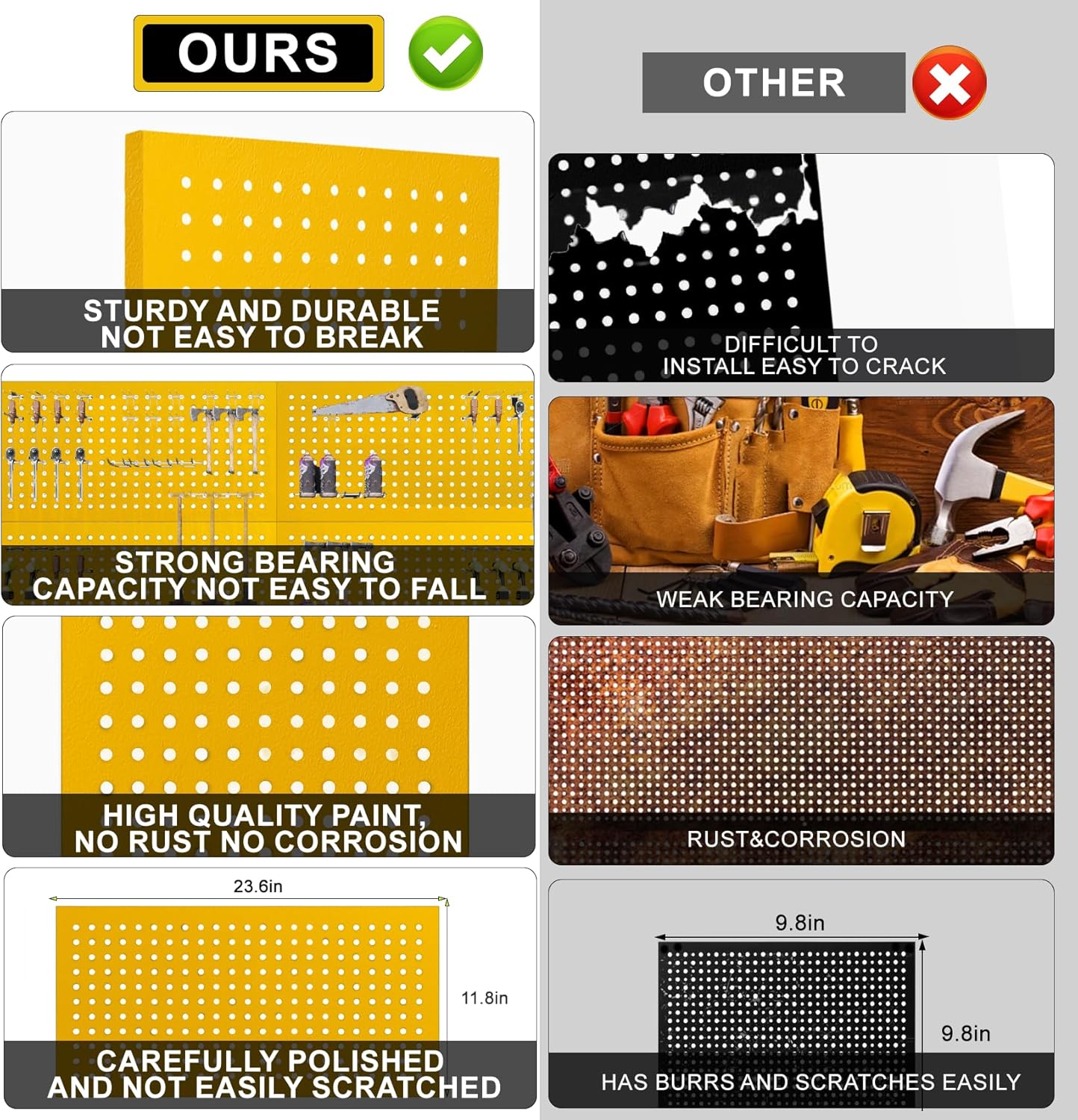 Metal Peg Board Panels for Workbench, Shop, Shed Modular Peg Board Organizer Board Kit, pegboard Wall Organizer(4 Pack, Yellow)