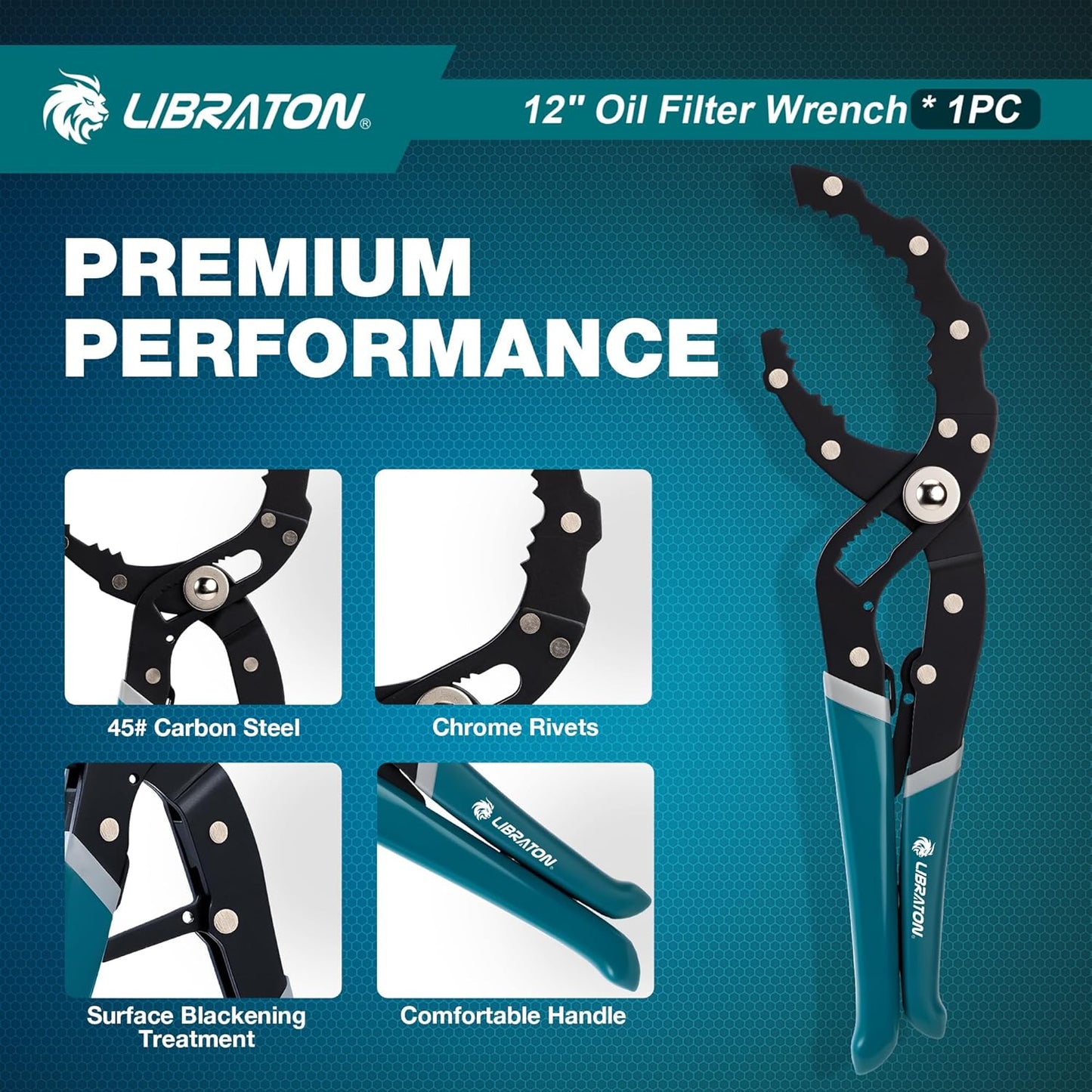 LIBRATON Oil Filter Wrench, 12" Oil Filter Pliers, Quick Adjustable Oil Filter Removal Tool with Spring Structure (2-3/8" to 4-3/4" Opening), One-Hand Use, for Cars, Motorcycles & Trucks