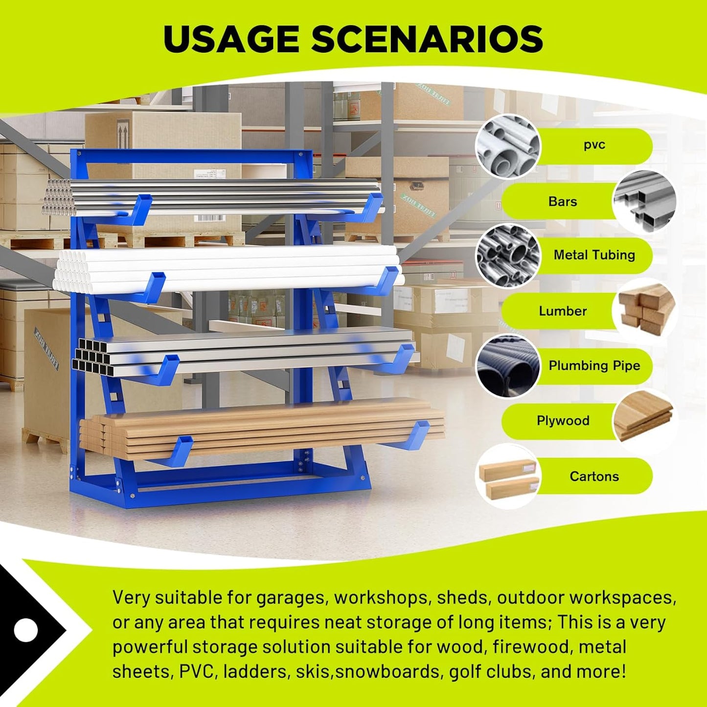 Heavy Duty Steel Horizontal Storage Rack with 4-Level Lumber Organizer Shelf Pipe Organizer Support Rack For Supermarket，Garage, Basement, Pantry, Workshop, 24''L x 60-7/8''H x 48-3/8''W