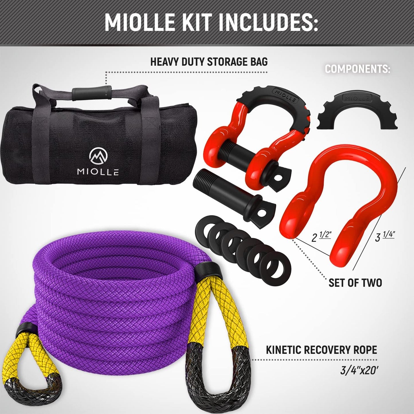 MiolleGear Kinetic Recovery Tow Ropes for Any Recovery Situation (Purple/Yellow, 3/4x20)